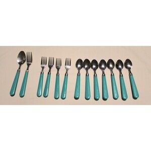 Turquoise Set Of Spoons And Forks 2 Large Stainless Steel Plastic Handle
